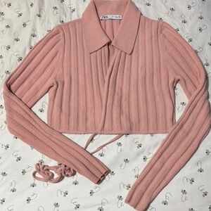 Zara Ribbed Wrap Collared Knit Top